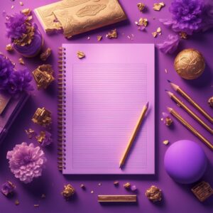 subscribe to the newsletter notepad and pencil violet and gold pastel colours